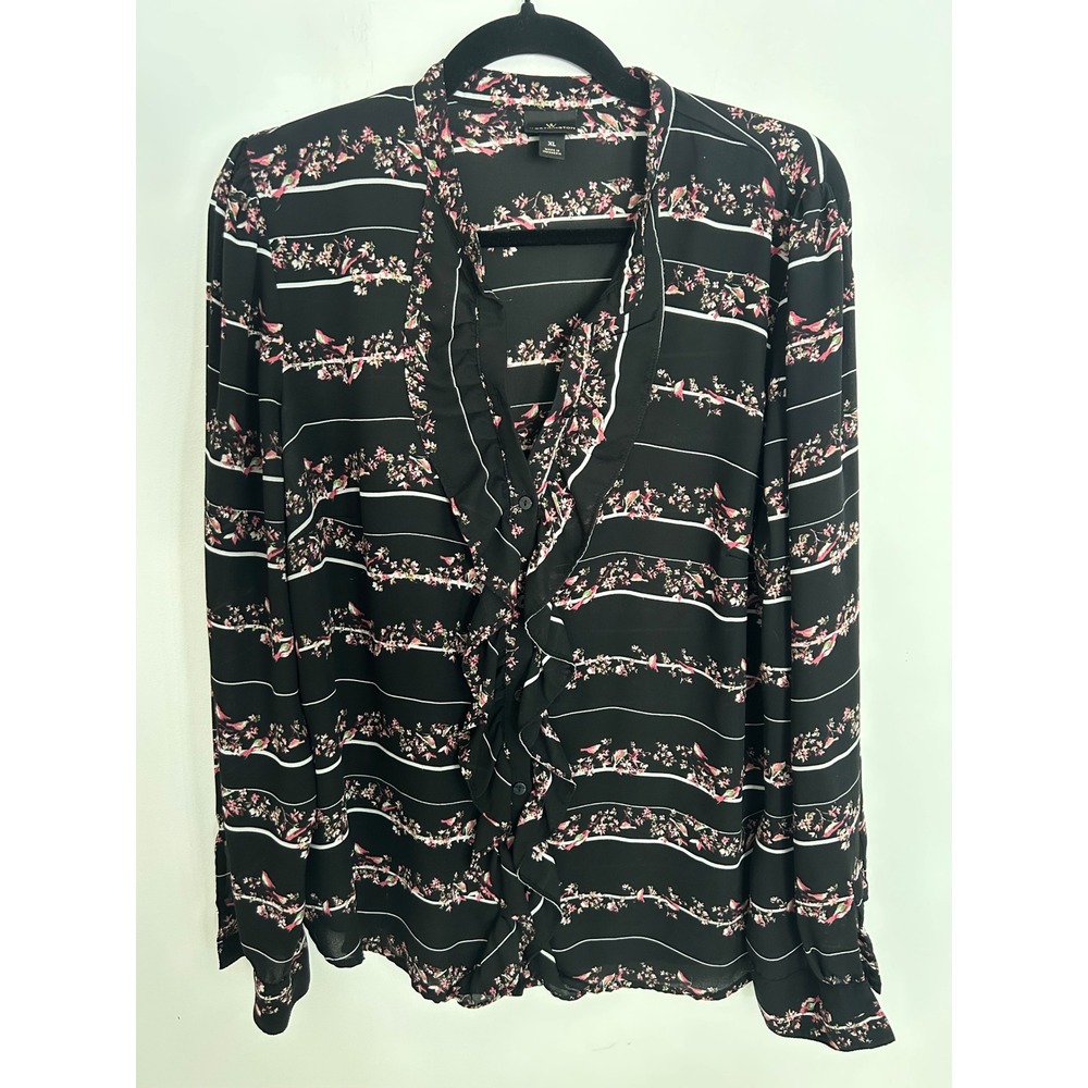 Worthington Womens XL Black Floral Bird Stripe Ruffle V-Neck Button Up Blouse